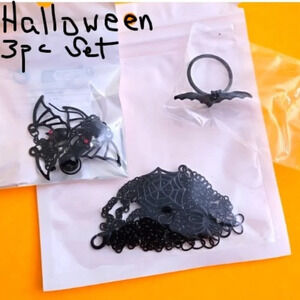 Dark Spider Web Necklace & Retro Black Gothic Bat Earrings Ring
